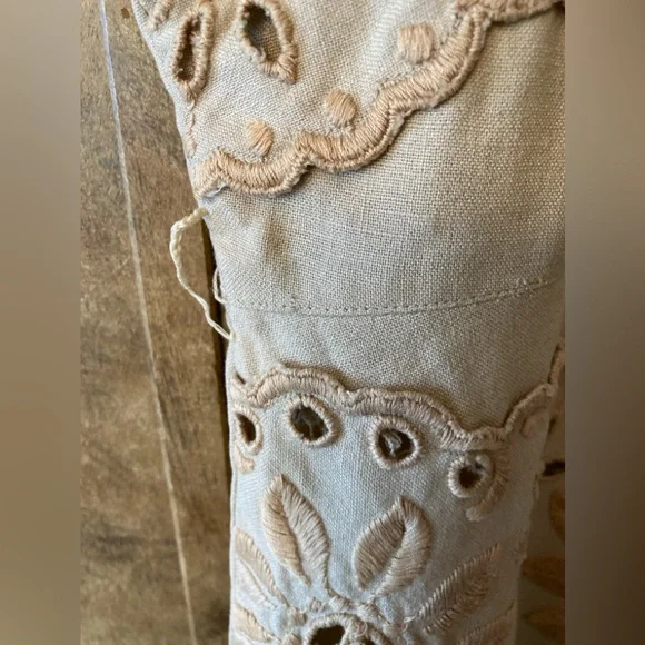 Vintage Original Franklin Embroidered Cutouts Shift Wiggle Dress M Linen Beige - Picture 6 of 16